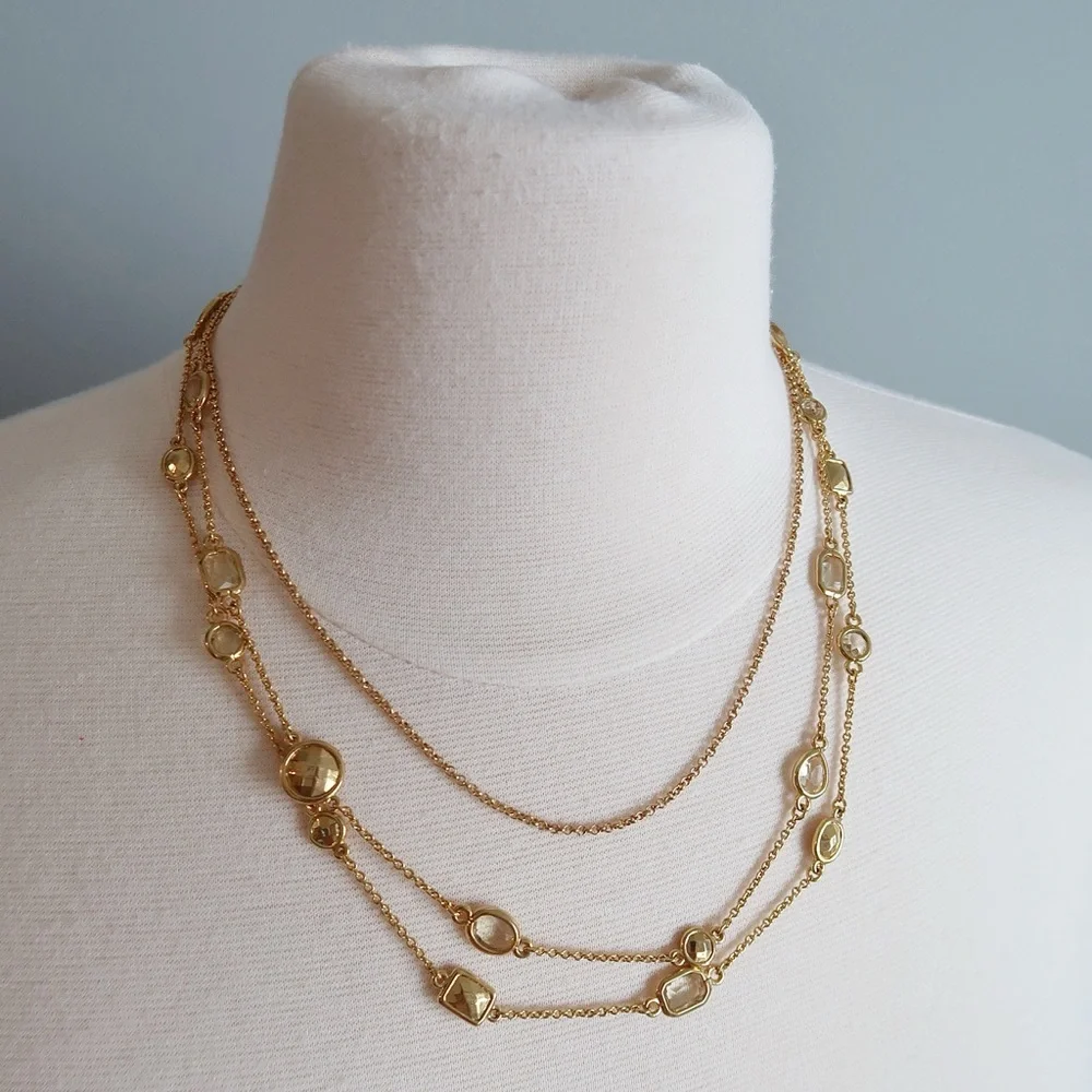 Vintage 3-Strand Gold Bazel Chain Stone Necklace - Picture 5 of 6